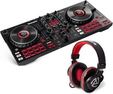 Numark DJ Pro Paket Platinum FX: DJ контролер з 4-дековим управлінням, аудіоінтерфейсом, дисплеями Jogwheel та ефект-педами, HF175 навушники (40 мм драйвер)