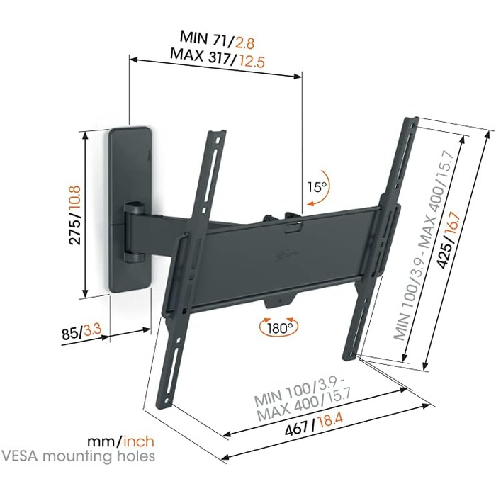 Кріплення для телевізора Vogel's Quick TVM 1225 поворотне, для телевізорів 19-43 дюймів, до 15 кг, кут повороту 120°, VESA до 200x200