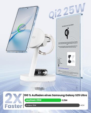 Магнітна індукційна зарядна станція 4 в 1 JoyGeek Qi2.2 25W для Samsung Galaxy S26/S25 Ultra, Z Fold/Flip 8, Galaxy Watch 8-5 Ultra та Buds 4-3 Pro, біла