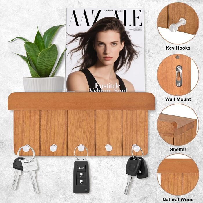 Дерев'яне ключниця з полицею, 5 гачків, для прихожей, кухні, спальні (колір: коричневий)