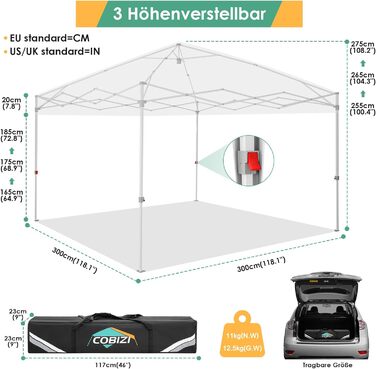 COBIZI 3x3 Pavilion, Waterproof Folding Pavilion 3x3, Stable, 275 cm Party Tent UV Protection 50+ Folding Pavilion 3x3m with Waffle Pattern for Camping Beach Family Gatherings (White)