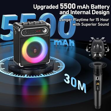 Караоке-машина JYX з 2 UHF-мікрофонами, Bluetooth-колонка з регулюванням басів/високих частот, пульт дистанційного керування та LED-підсвічуванням, підтримка TF-карт/USB, AUX IN, FM, REC, чорний колір