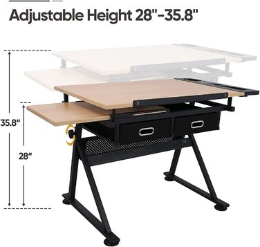 Folding Art Table with Stool and Drawers - Natural Wood Finish