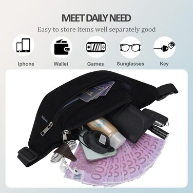 Поясна сумка через плече для чоловіків та жінок, стильна, 3 відділення на блискавці, для подорожей та активного відпочинку (Чорна)