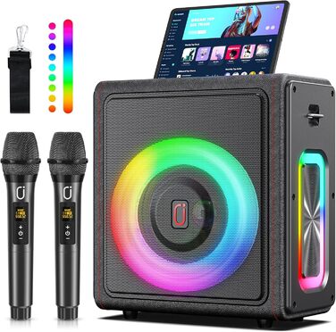 Караоке машина HWWR з 2 бездротовими мікрофонами, портативна Bluetooth 5.3 акустика з RGB-підсвіткою, PA-система для вечірок, Partybox, TWS, чорний