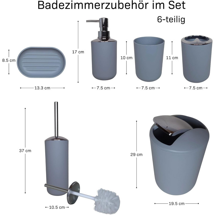 Набір аксесуарів для ванної кімнати 6 предметів, пластик, сірий: йоржик для унітазу, відро, стакан для зубних щіток, мильниця, дозатор для мила, піднос