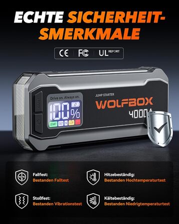 WOLFBOX Powerbank для запуску авто 4000A, 12V, з LED-ліхтарем та великим екраном, для легкових автомобілів, SUV, вантажівок та мотоциклів