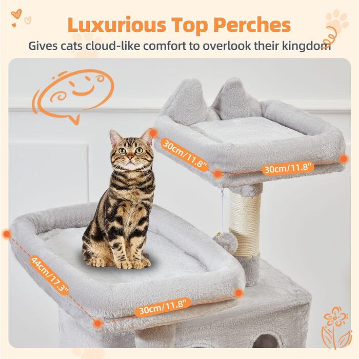 Кігтеточка для котів Taoqimiao MS026W 146 см - велика, стабільна, з 2 будиночками, гамаком, корзиною та 8 кігтеточками (світло-сірий)