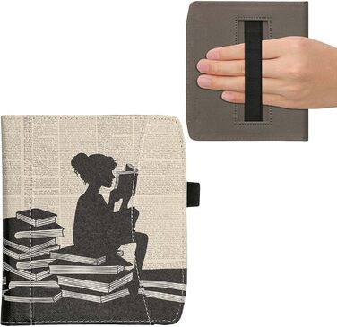 Чохол-книжка kwmobile для Pocketbook Era/Era Color з кишенею та петлею для руки - з дизайном 'Читаюча жінка' чорно-бежевий