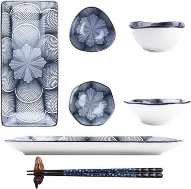 Набір для суші Artcome (10 шт) з кераміки в японському стилі - 2 тарілки, 2 соусники, 2 миски для закусок, 2 пари паличок, 2 підставки, темно-синій