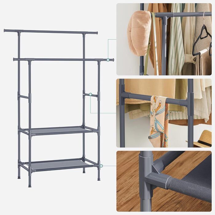 SONGMICS Стійка для одягу металева, з 2 перекладинами та 2 полицями, біла, до 70 кг, RDR02WT (Сірий)