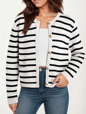 Жакет жіночий короткий з 2 кишенями на ґудзиках, смугастий, в'язаний, кардиган, мода, осінь (L, білий)