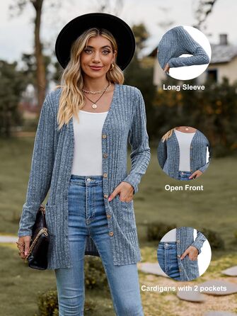 Кардиган жіночий з довгим рукавом, відкритий спереду, на ґудзиках, V-подібний виріз, легкий, з кишенями, XXL, блакитний