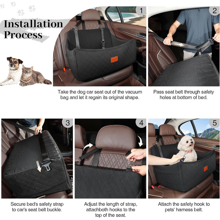 Wooaidagg Memory Foam Dog Car Seat - Washable & Detachable Pet Bed for Medium & Large Dogs - Includes 2 Leashes (Black, Large)