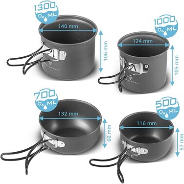 Набір посуду для кемпінгу STAHLWERK 4-х частинний з алюмінію з антипригарним покриттям, Outdoor посуд, набір каструль та кришок