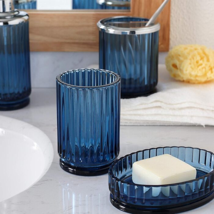4-Piece Glass Bathroom Accessories Set with Decorative Embossed Pattern, including Hand Soap Dispenser, Cup, Soap Dish, and Toothbrush Holder, Blue-Green (Blue)