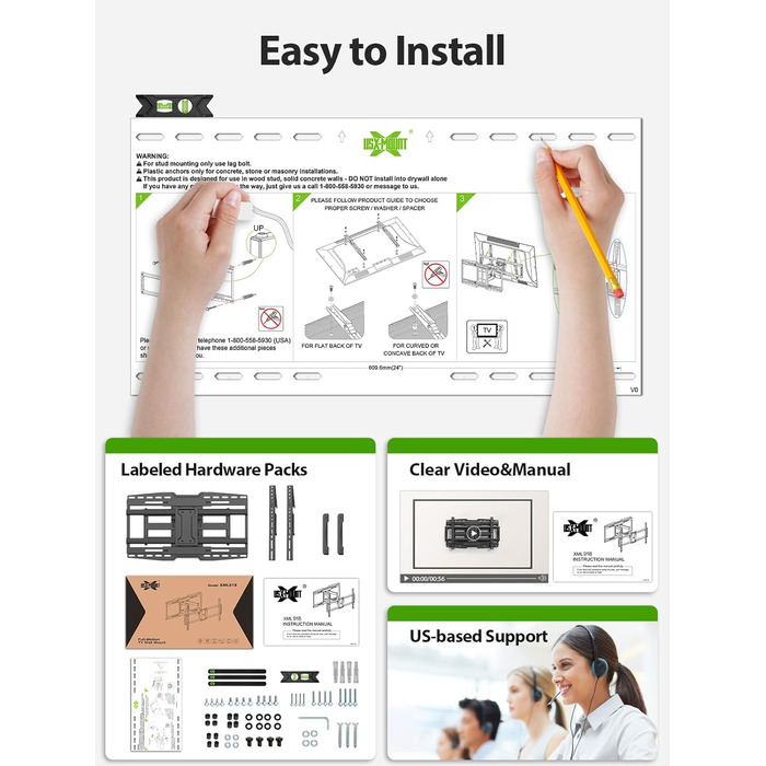 Настінний кріплення для телевізора USX-MOUNT з регулюванням нахилу та повороту, для телевізорів 32-90 дюймів, сумісний з VESA 600x400mm, вантажопідйомність до 68.2 кг