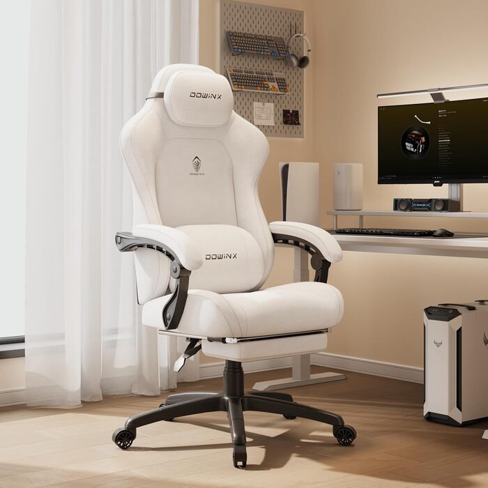 Ігровий крісло Dowinx з кишеньковим пружинним блоком, ергономічне крісло геймера зі шкіри з підголівником та підніжкою, комп'ютерне крісло для офісу та ігор (Білий, Титан)