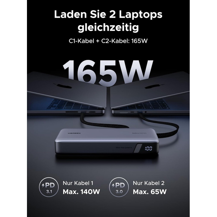 Power Bank UGREEN Nexode 25000mAh 165W з 2 USB-C кабелями (140W PD3.1) для MacBook Pro, Dell XPS, iPad Pro, Steam Deck, Galaxy S25 Ultra, iPhone 17