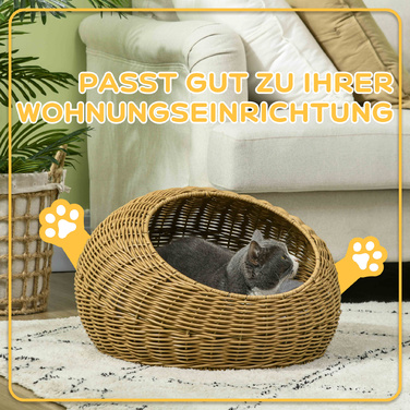 PawHut Rattan Cat Basket Cat House with Cushion for Cats up to 4 kg, Indoor Cat Cave made of PE Rattan, Ø50 x 31 cm, light brown for cozy retreats