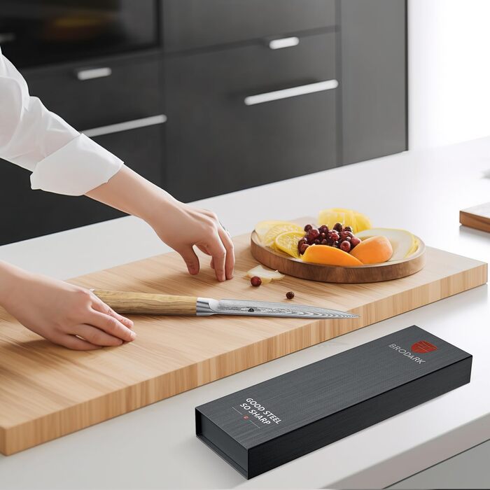 BRODARK Ніж кухарський Дамаск з VG10 сталевим ядром, професійний, з ручкою з оливкового дерева, High Carbon нержавіюча сталь (5.5 дюймів)