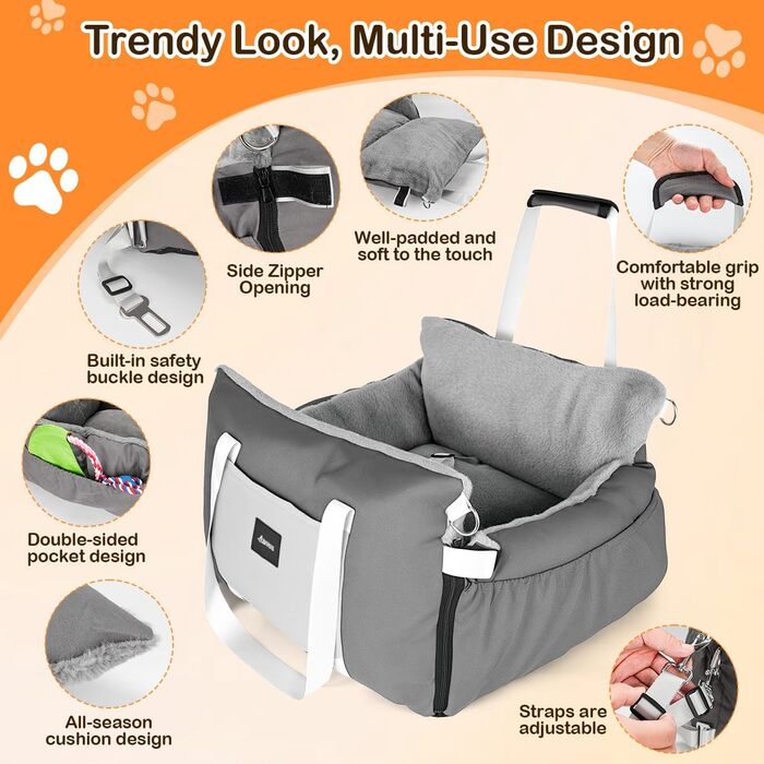 Автокрісло для собак 3-в-1 з переносною ліжком для маленьких собак – зручне автокрісло з розкладною поверхнею, м'яким матрацом, для переднього або заднього сидіння, внутрішнє та зовнішнє (02-Сірий)