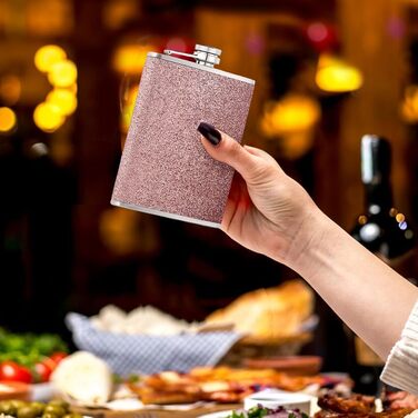 Сталевий фляж з нержавіючої сталі 304, 240 мл з воронкою - без витоку, стильний та портативний набір пляшок для чоловіків та жінок. Сталева фляга для віскі (колір: рожевий)