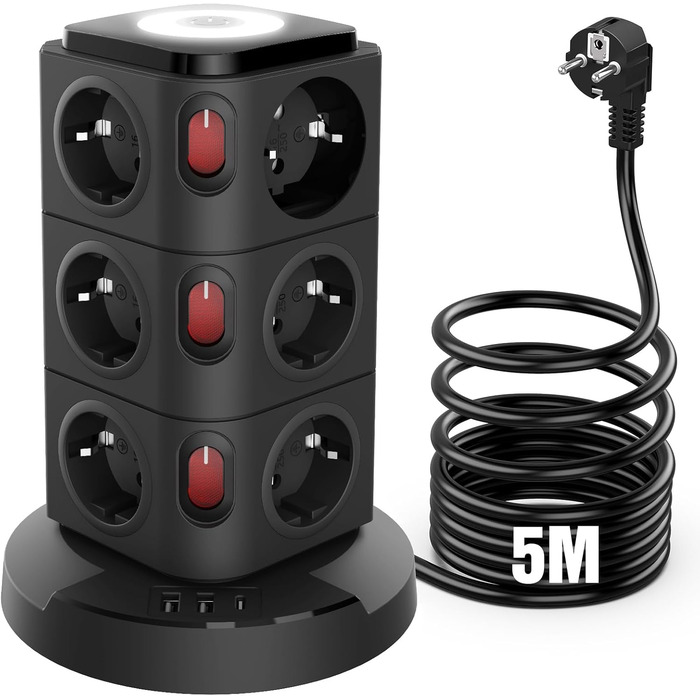 Багаторозеткова мережева станція Acodot Tower з USB, 12 розеток, захист від перенапруги, 4 вимикачі, нічник, 3 USB-порти, кабель 3м, 2500W, для офісу, білий/чорний