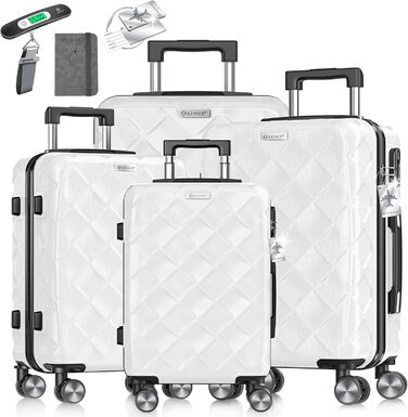 Набір валіз KESSER® 4 шт. | ABS валізи з кодовим замком, ваговою валізою та органайзером для подорожей | Ручна та велика валіза для бізнесу та подорожей, 360° обертання (Білий сніг)