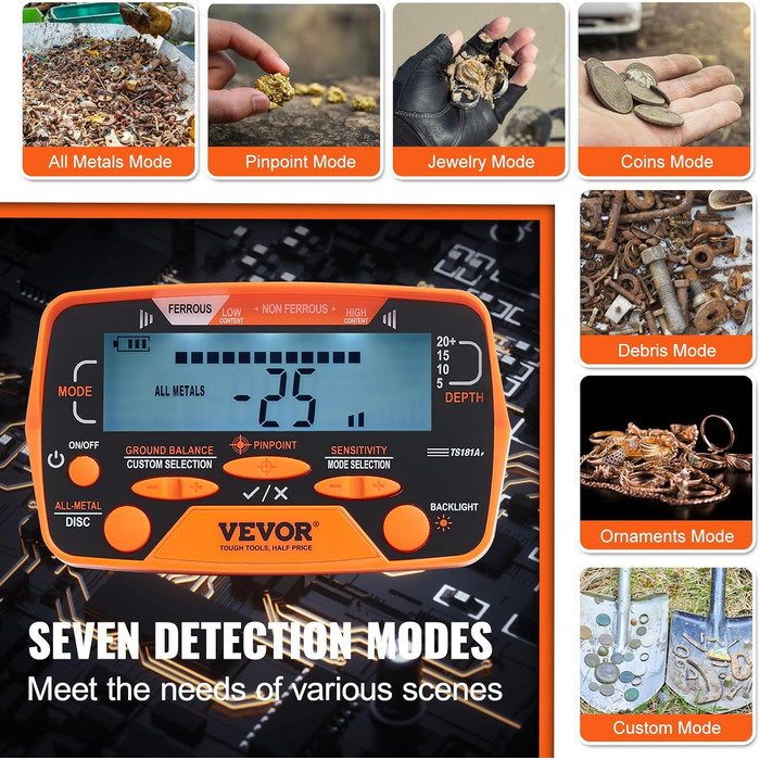 Металдетектор VEVOR Profi: професійний прилад для пошуку металу з котушкою 30 см, 7 режимів, водонепроникність IP68 (глибина занурення до 3 м), золотий шукач, регульована ручка, Bluetooth-гарнітура, точне визначення місця розташування (25,4 см)
