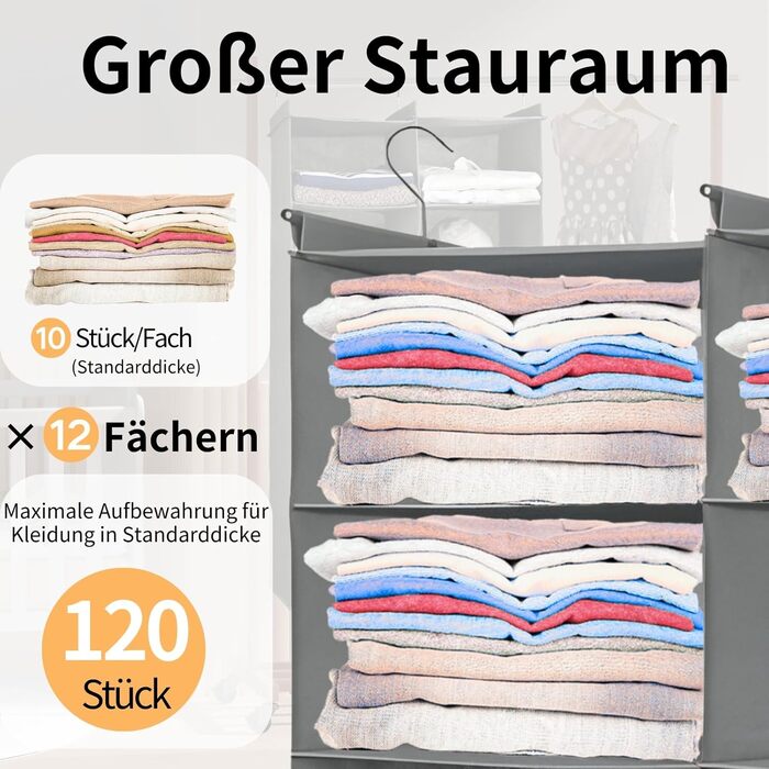 Організатор для шафи з 6 полицями, сірий - для одягу, з металевими гачками, компактний, для спальні, гуртожитку