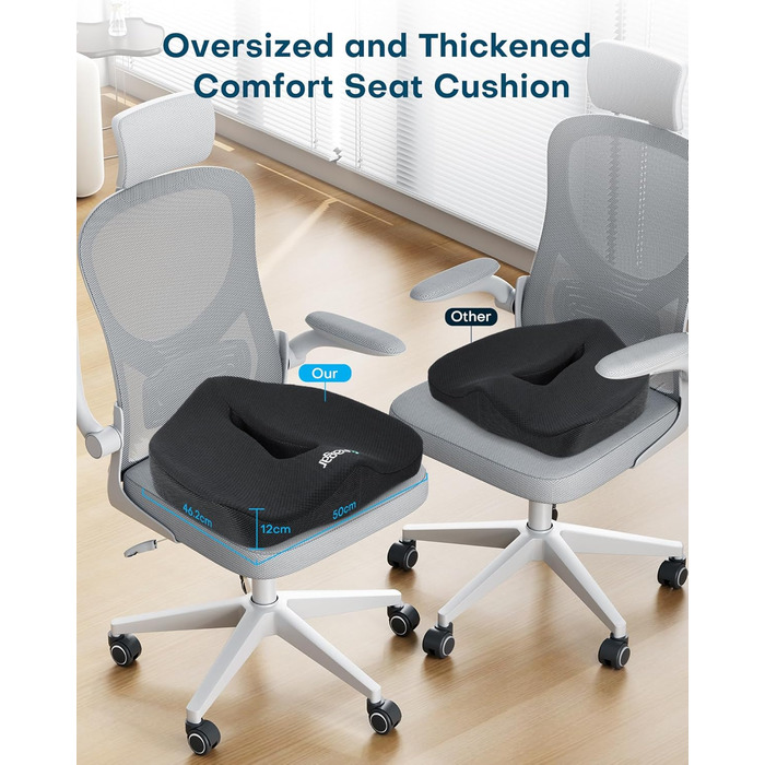 Ортопедична подушка для сидіння Feagar з Memory Foam, ергономічна подушка для офісного крісла, інвалідного візка, автокрісла, для хребта, чорна (чорний, XL (90-150 кг))