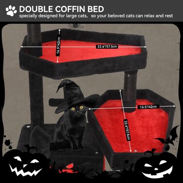 Кігтеточка YITAHOME Готичний XL, 160 см, велика та стійка, з 4 колонами з сизалю, 1 дощечкою для шліфування, гамаком, 2 підвісними кулями-павуками, платформами для сну, чорна, 48 x 60 x 160 см