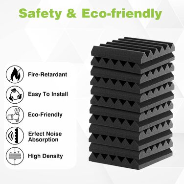 Акустичний поролон Foneso для звукоізоляції, панелі-поглиначі шуму 30x30x5 см, висока щільність 25кг/м³, чорний (12 шт) для студії, офісу та кінотеатру