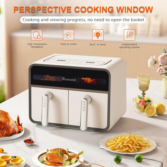 Runnatal Dual Zone Hot Air Fryer with Viewing Window, 8L Airfryer, 2100W, 2 Compartments, 14-in-1 Double Chamber Hot Air Fryer with Vegetarian and Meat Pots, 2 Chamber Airfryer, Non-Stick Coating