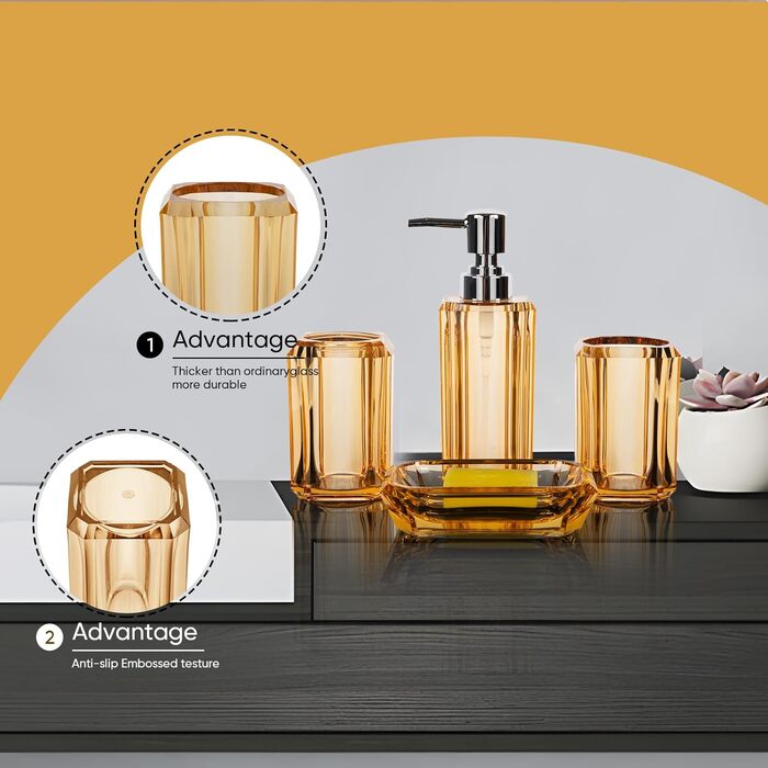 Набір аксесуарів для ванної кімнати з акрилу преміум-якості (4 шт.): дозатор для миючого засобу, диспенсер для лосьйону, мильниця, стакан для ополіскувача, стакан для зубної пасти (чорний/золотий)