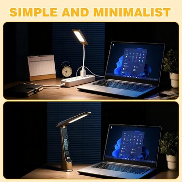 Bokefo Світлодіодна настільна лампа з акумулятором 1800 mAh, 3 кольори, регулювання яскравості, годинник, сенсорне управління, складна та портативна. Підходить для офісу, навчання, читання. Без адаптера