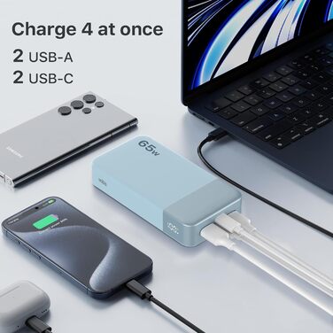 Powerbank NOBIS 20000mAh, 65W, з цифровим дисплеєм, Dual USB-C/USB-A, для ноутбука, телефону, планшета, зелений/блакитний