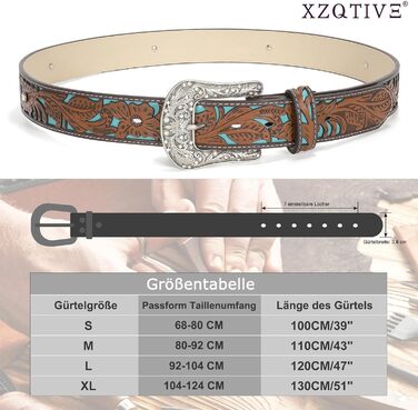 Жіночий шкіряний ремінь XZQTIVE Vintage у стилі вестерн з гравіюванням для джинсів, штанів, суконь. Колір: темно-коричневий, синій (бірюзовий діамант). Довжина: 100 см, підходить для об'єму талії 68-80 см