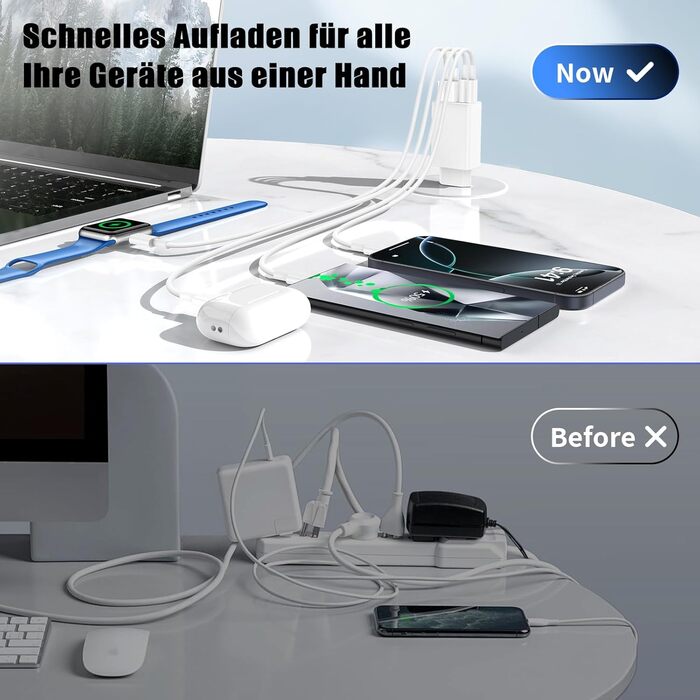 Зарядний пристрій USB-C 100W, 6 портів: для iPhone 17/16/15/14/13 Pro Max, iPad Pro, Samsung Galaxy S25/S24 - Pius (білий)