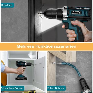 Акумуляторний шуруповерт Sundpey 21V з 2x2000mAh акумулятором, 45 Нм, 2 швидкості, 18+1 момент, патрон 10мм, набір 19шт для дому та DIY, блакитний