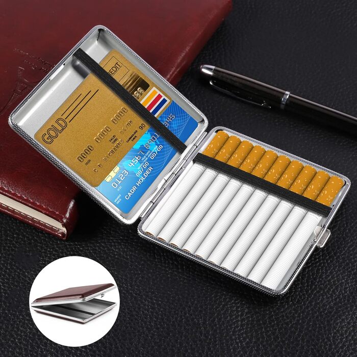 Чохол для сигарет зі шкіри та металу на 20 сигарет (3 шт.), шкіряна сигаретна коробочка, металева сигаретна коробка, 10 * 9.5 * 1.9 см (Чорний) (2 шт/Чорний+Коричневий)