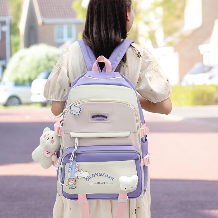 Набір шкільних рюкзаків IvyH 5-ти частинний: рюкзак, пенал, сумка для підручників, нагрудна сумка, сумка для покупок. Для дівчаток 3-7 класів. Рожевий колір.