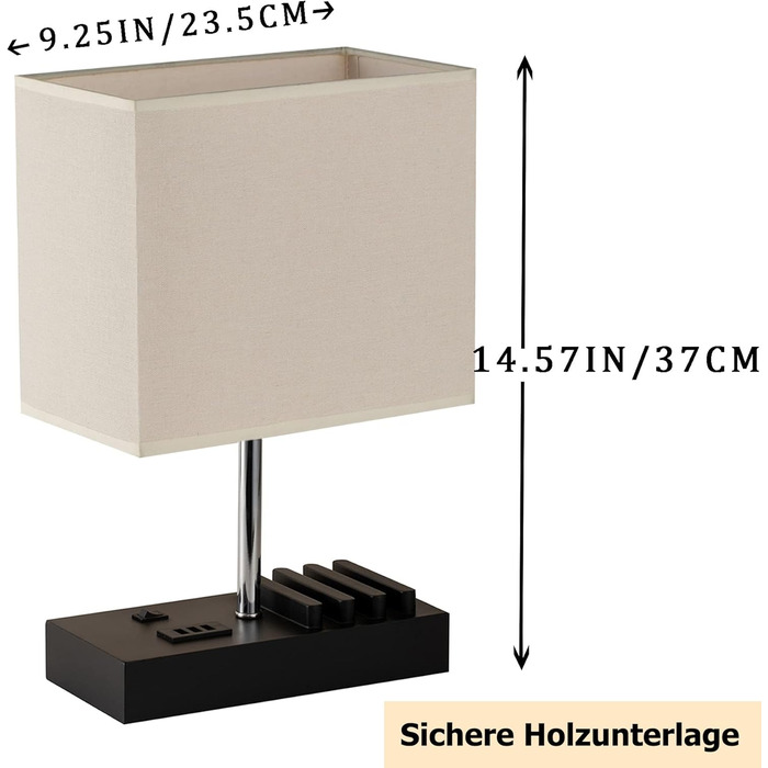 Настільна лампа Dreamholder з 3 USB-портами (A+C), підставкою для телефону, для спальні, вітальні, офісу, з натуральним дерев'яним цоколем та тканинним абажуром (чорний цоколь)