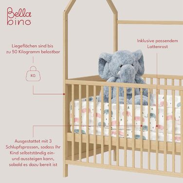 Bellabino Nika Babybett in House Design 70 x 140 cm, cot and house bed for children and babies made of solid pine wood in natural finish, 3-fold height adjustable including slatted base.