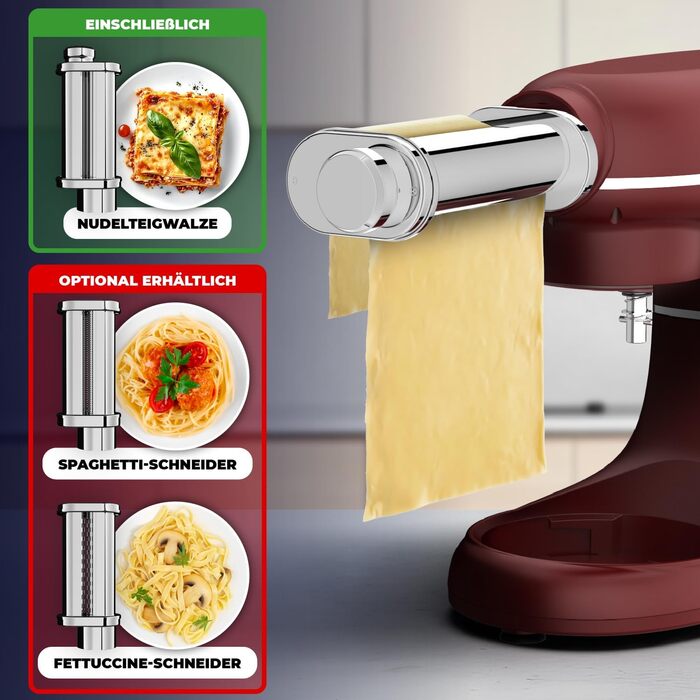 Кухонна машина з машиною для пасти – 2000W, електрична, з нержавіючою чашею 6.2L (червона)