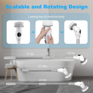 Electric Cleaning Brush, Electric Spin Scrubber Cordless with 8 Replaceable Brush Heads, 3 Speed, Adjustable Handle, LED Screen Electric Brush for Bathroom, Kitchen, Car, Tiles (Gray and White)
