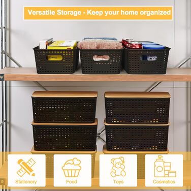 UHAPEER Storage Box with Bamboo Lid, 6 Pack Storage Basket, Plastic Basket Storage, Kitchen Organizer White, Stackable Storage Boxes, Box with Lid 25.6 x 18 x 10.7 cm (Black)