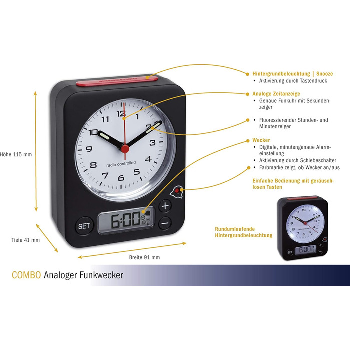 TFA Dostmann Combo Radio Clock, Analog Time and Digital Alarm, Radio Clock with High Precision, Quiet, All-Round Lighting, Black, Black-Red, L 90 x W 40 x H 115 mm