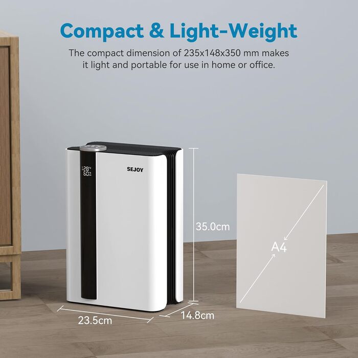 Електричний осушувач повітря Sejoy з пультом дистанційного керування, LED-індикатором вологості, резервуаром 2,5 л, продуктивністю 1000 мл/день, 7-кольоровою підсвіткою, портативний, тихий режим сну 35dB